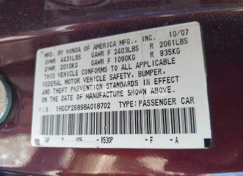 Photo 9 of 2008 Honda Accord 2.4 EX-L (VIN 1HGCP26898A018702)