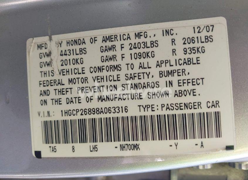 Photo 9 of 2008 Honda Accord 2.4 EX-L (VIN 1HGCP26898A063316)
