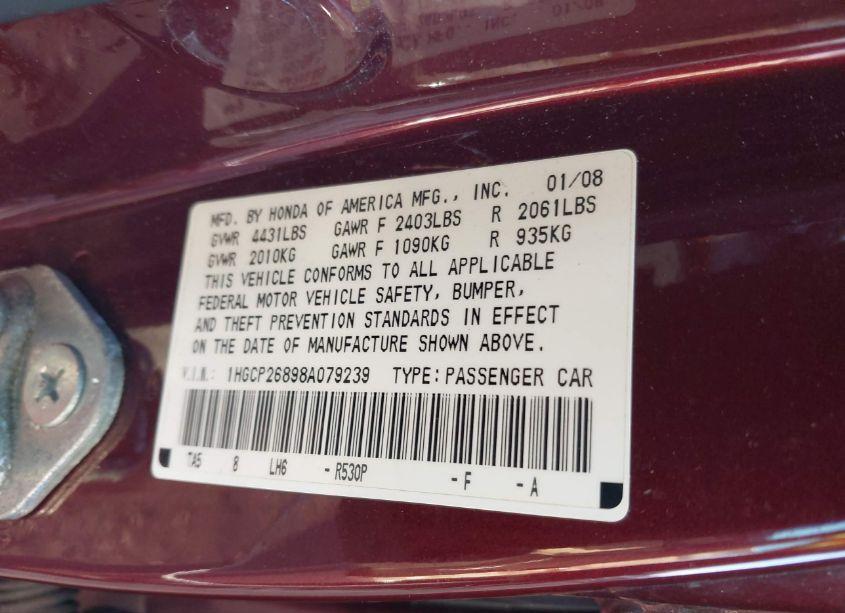 Photo 9 of 2008 Honda Accord 2.4 EX-L (VIN 1HGCP26898A079239)
