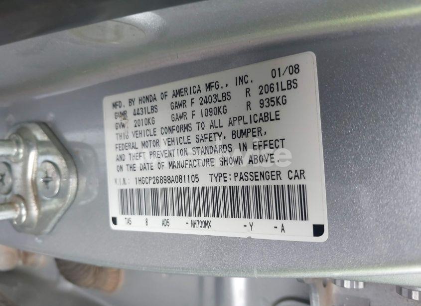 Photo 9 of 2008 Honda Accord 2.4 EX-L (VIN 1HGCP26898A081105)