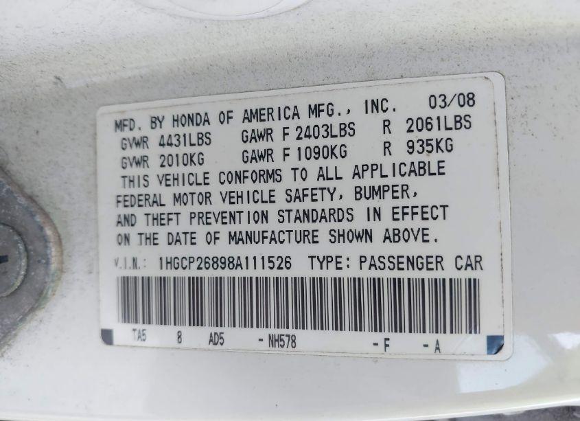 Photo 9 of 2008 Honda Accord SDN EX-L (VIN 1HGCP26898A111526)