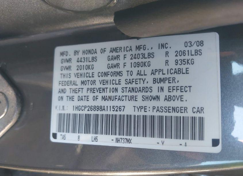 Photo 9 of 2008 Honda Accord 2.4 EX-L (VIN 1HGCP26898A115267)