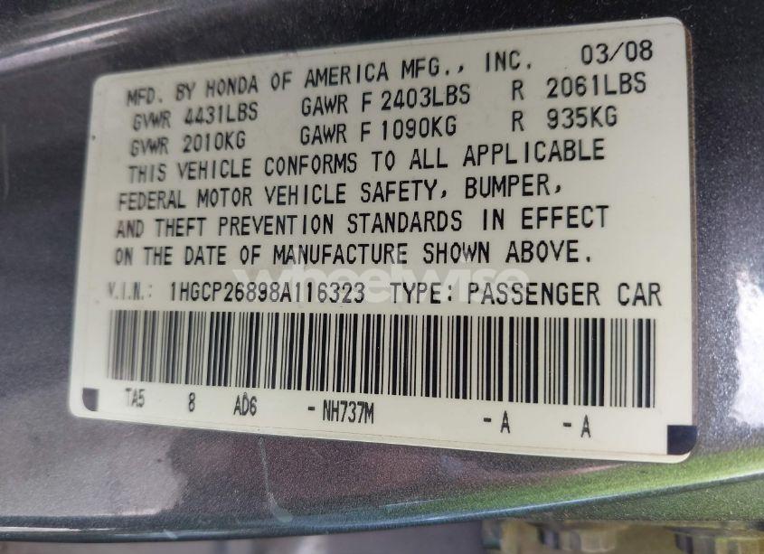 Photo 9 of 2008 Honda Accord 2.4 EX-L (VIN 1HGCP26898A116323)