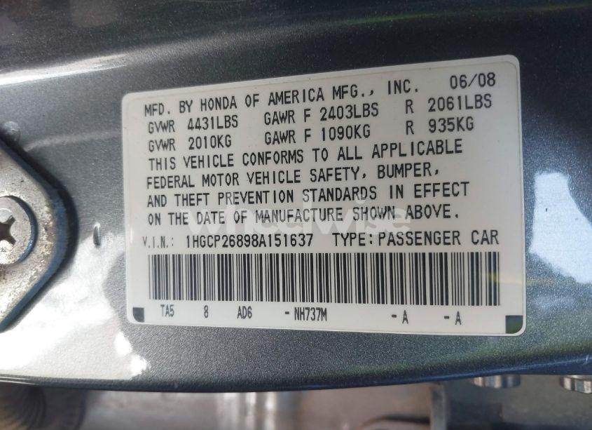 Photo 9 of 2008 Honda Accord 2.4 EX-L (VIN 1HGCP26898A151637)