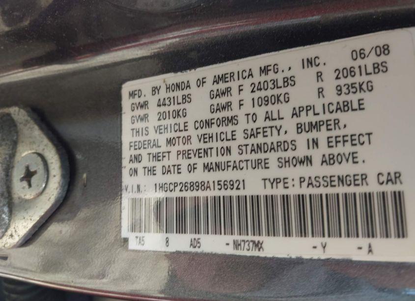 Photo 9 of 2008 Honda Accord 2.4 EX-L (VIN 1HGCP26898A156921)