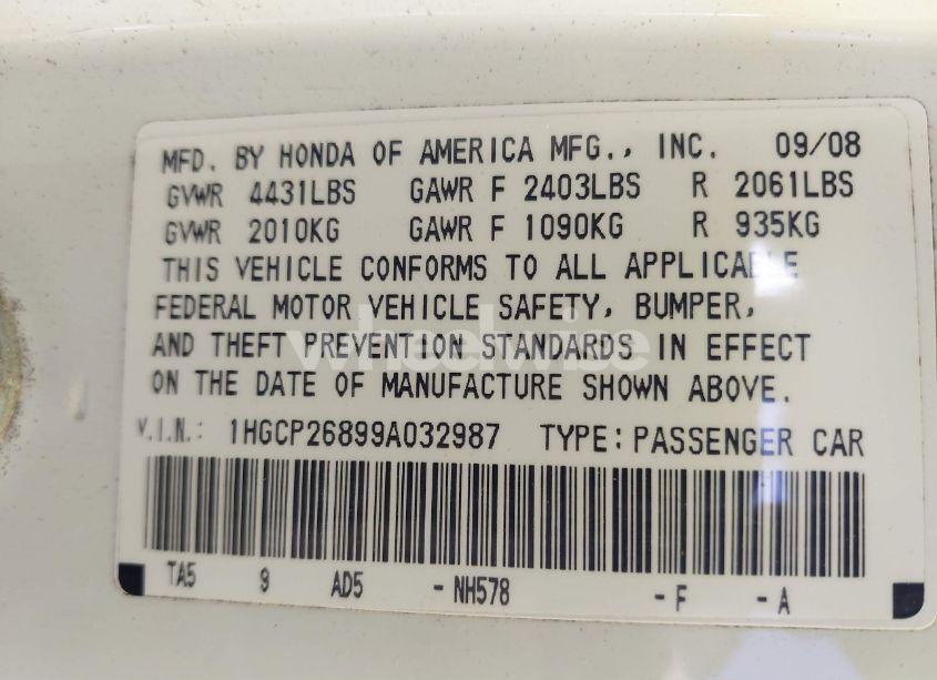 Photo 9 of 2009 Honda Accord 2.4 EX-L (VIN 1HGCP26899A032987)