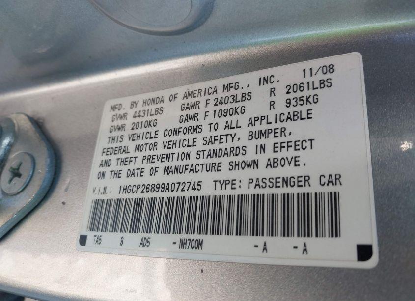 Photo 9 of 2009 Honda Accord 2.4 EX-L (VIN 1HGCP26899A072745)