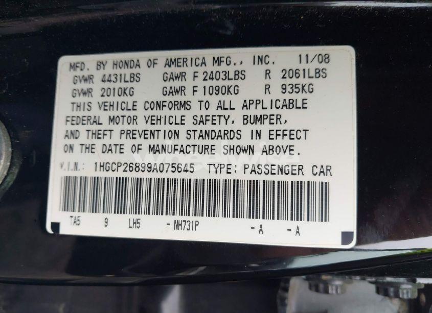 Photo 9 of 2009 Honda Accord 2.4 EX-L (VIN 1HGCP26899A075645)