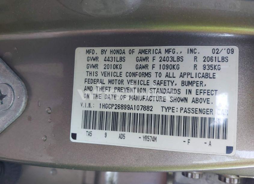 Photo 9 of 2009 Honda Accord 2.4 EX-L (VIN 1HGCP26899A107882)