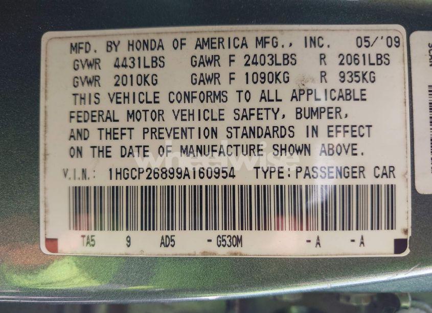 Photo 9 of 2009 Honda Accord 2.4 EX-L (VIN 1HGCP26899A160954)