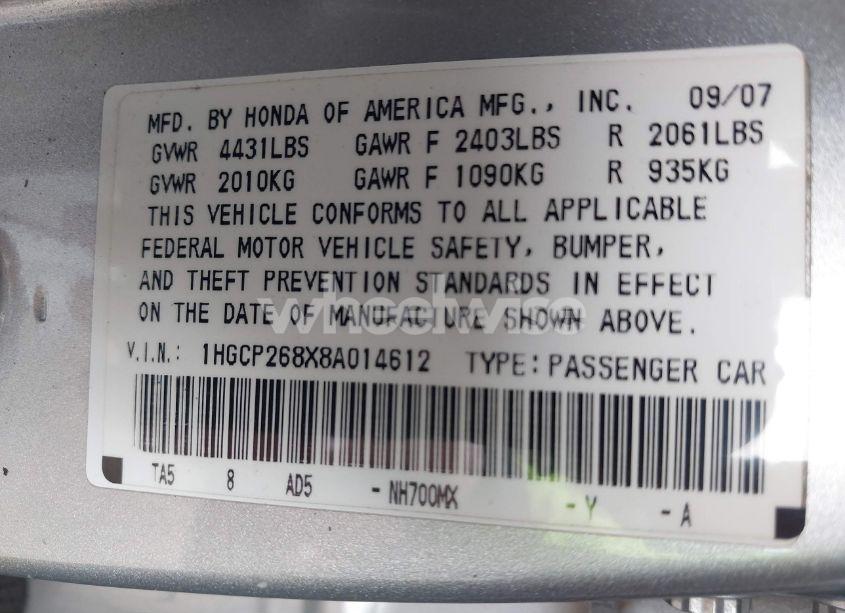 Photo 9 of 2008 Honda Accord 2.4 EX-L (VIN 1HGCP268X8A014612)