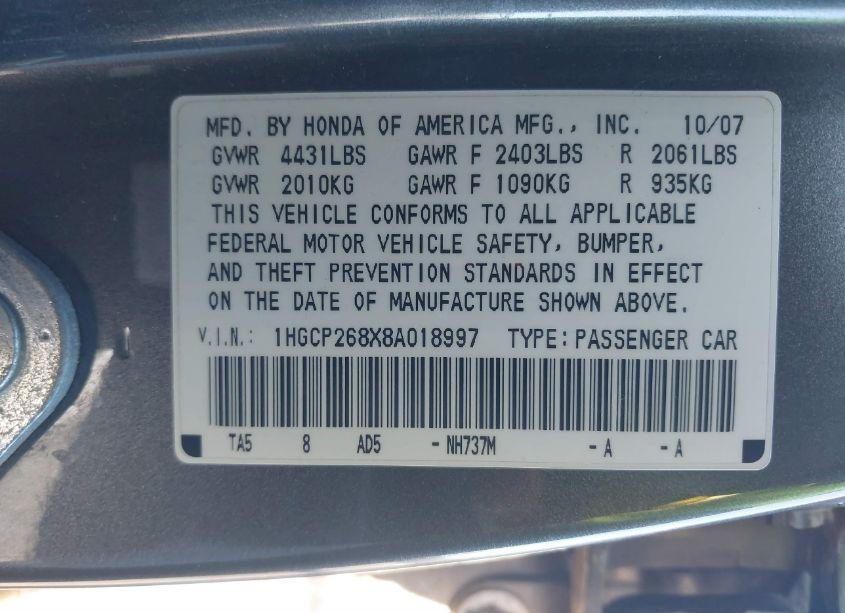 Photo 9 of 2008 Honda Accord 2.4 EX-L (VIN 1HGCP268X8A018997)