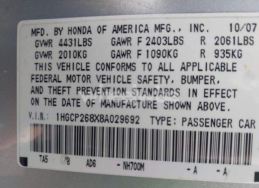 Photo 9 of 2008 Honda Accord 2.4 EX-L (VIN 1HGCP268X8A029692)