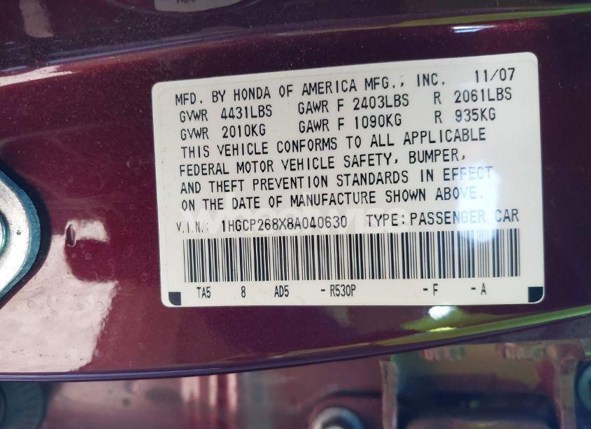 Photo 9 of 2008 Honda Accord 2.4 EX-L (VIN 1HGCP268X8A040630)