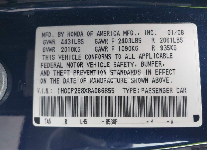Photo 9 of 2008 Honda Accord 2.4 EX-L (VIN 1HGCP268X8A066855)