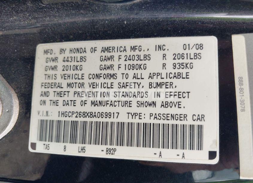 Photo 9 of 2008 Honda Accord 2.4 EX-L (VIN 1HGCP268X8A069917)