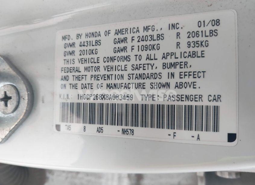 Photo 9 of 2008 Honda Accord 2.4 EX-L (VIN 1HGCP268X8A083459)