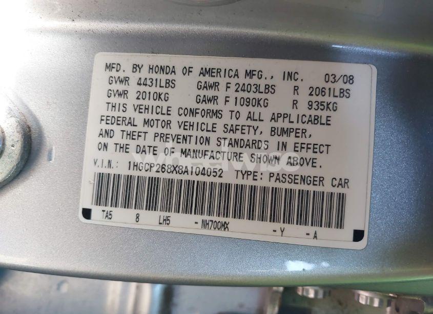 Photo 9 of 2008 Honda Accord 2.4 EX-L (VIN 1HGCP268X8A104052)