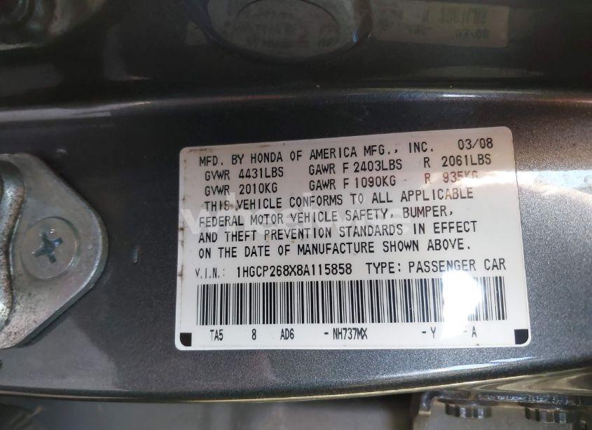 Photo 9 of 2008 Honda Accord 2.4 EX-L (VIN 1HGCP268X8A115858)
