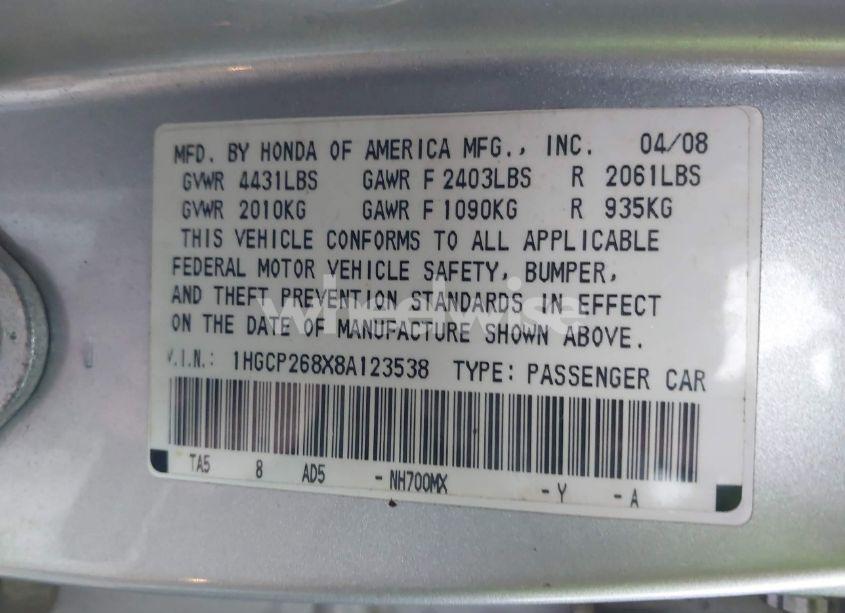 Photo 9 of 2008 Honda Accord 2.4 EX-L (VIN 1HGCP268X8A123538)