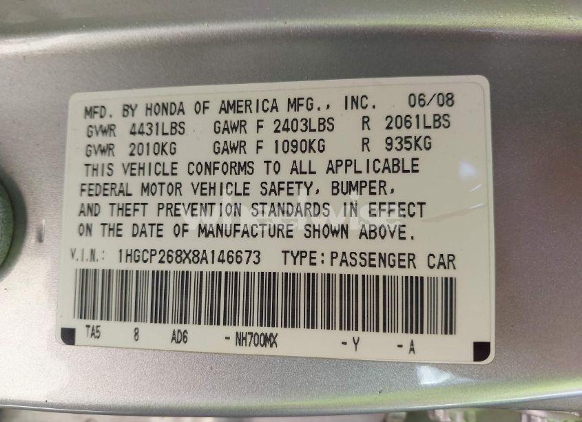 Photo 9 of 2008 Honda Accord 2.4 EX-L (VIN 1HGCP268X8A146673)