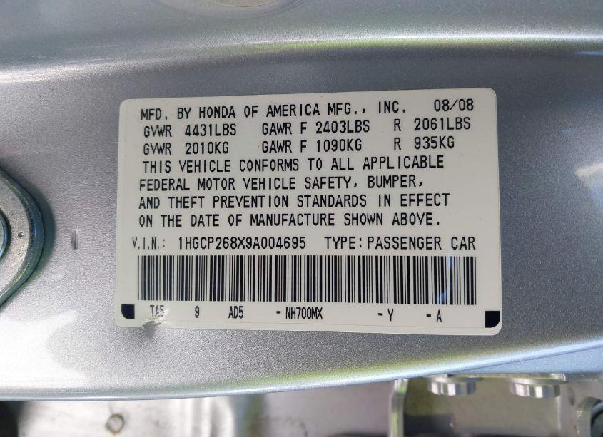 Photo 9 of 2009 Honda Accord 2.4 EX-L (VIN 1HGCP268X9A004695)