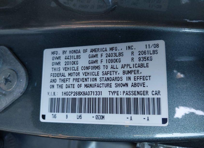 Photo 9 of 2009 Honda Accord 2.4 EX-L (VIN 1HGCP268X9A071331)