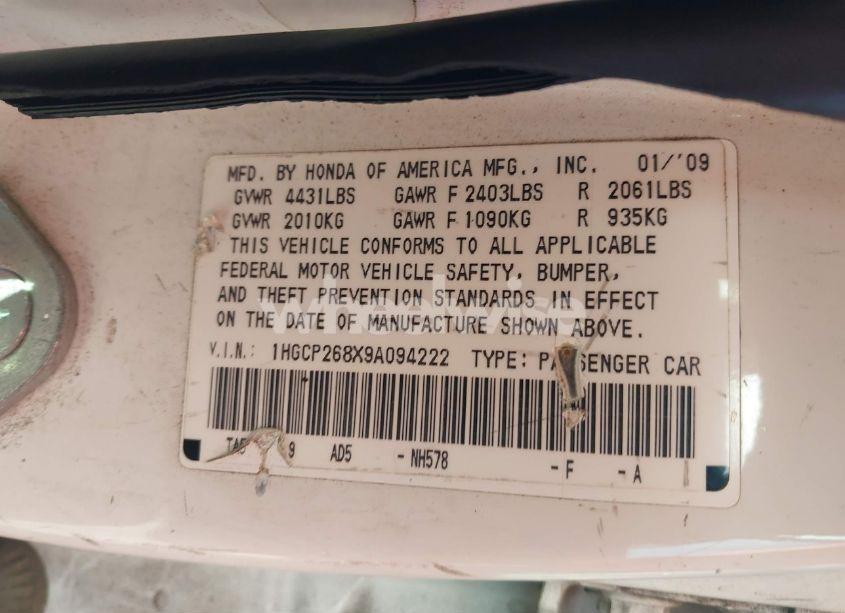 Photo 9 of 2009 Honda Accord 2.4 EX-L (VIN 1HGCP268X9A094222)