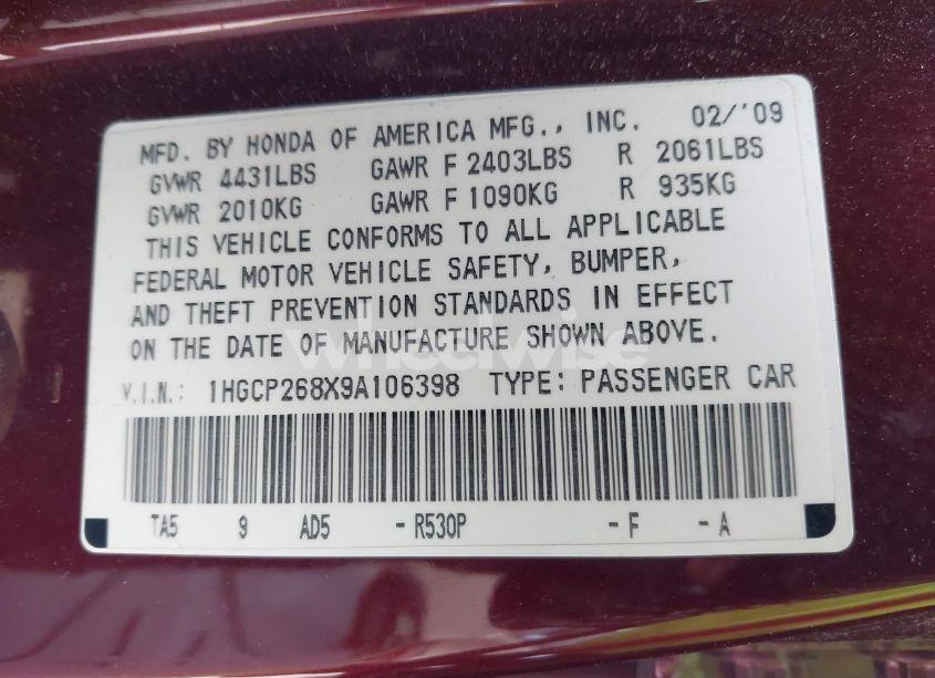 Photo 9 of 2009 Honda Accord 2.4 EX-L (VIN 1HGCP268X9A106398)