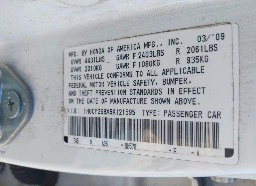 Photo 9 of 2009 Honda Accord 2.4 EX-L (VIN 1HGCP268X9A121595)