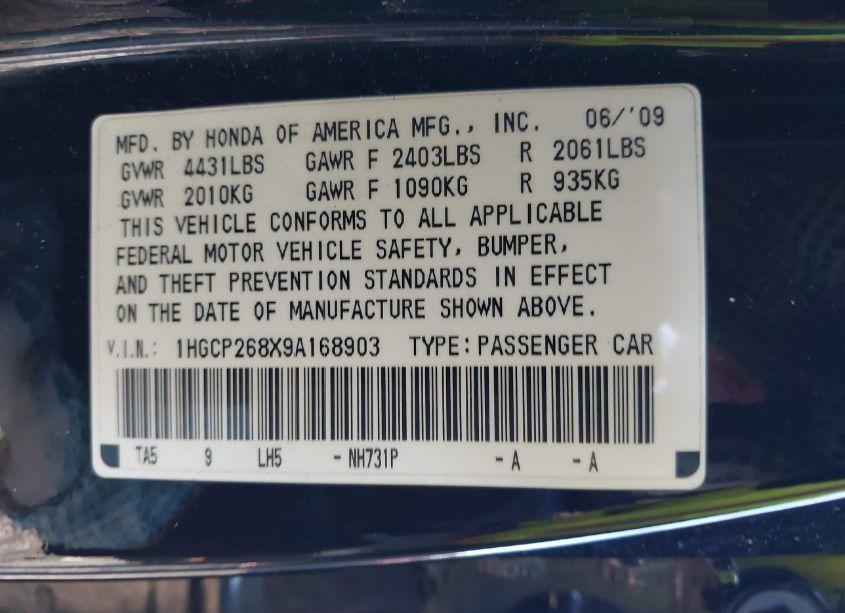 Photo 9 of 2009 Honda Accord 2.4 EX-L (VIN 1HGCP268X9A168903)