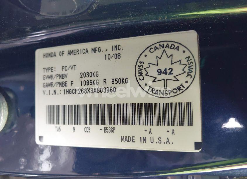 Photo 9 of 2009 Honda Accord 2.4 EX-L (VIN 1HGCP268X9A803960)