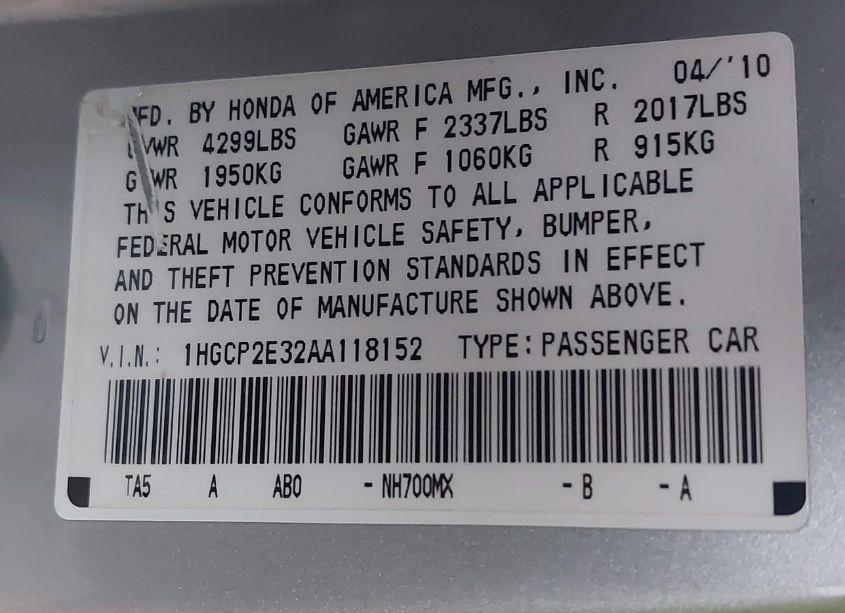 Photo 9 of 2010 Honda Accord 2.4 LX (VIN 1HGCP2E32AA118152)