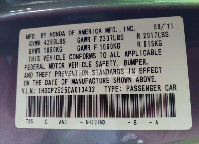 Photo 9 of 2012 Honda Accord 2.4 LX (VIN 1HGCP2E35CA013432)