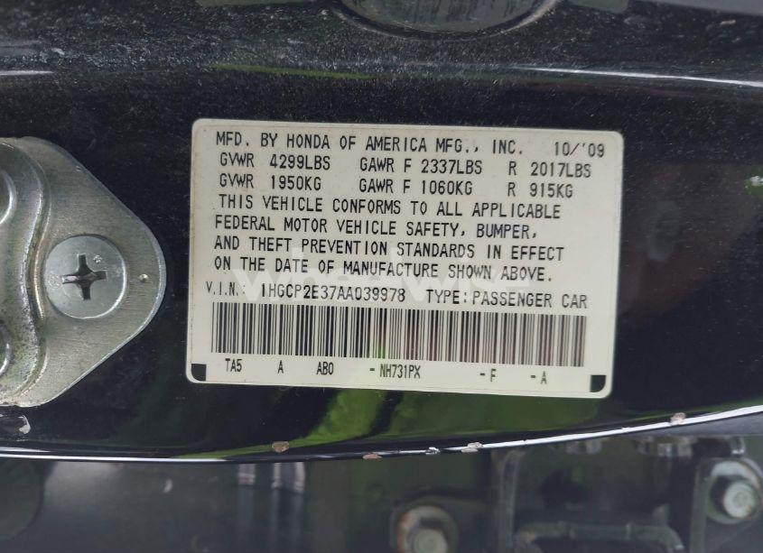 Photo 9 of 2010 Honda Accord 2.4 LX (VIN 1HGCP2E37AA039978)