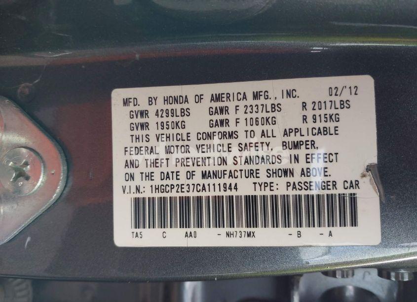 Photo 9 of 2012 Honda Accord 2.4 LX (VIN 1HGCP2E37CA111944)