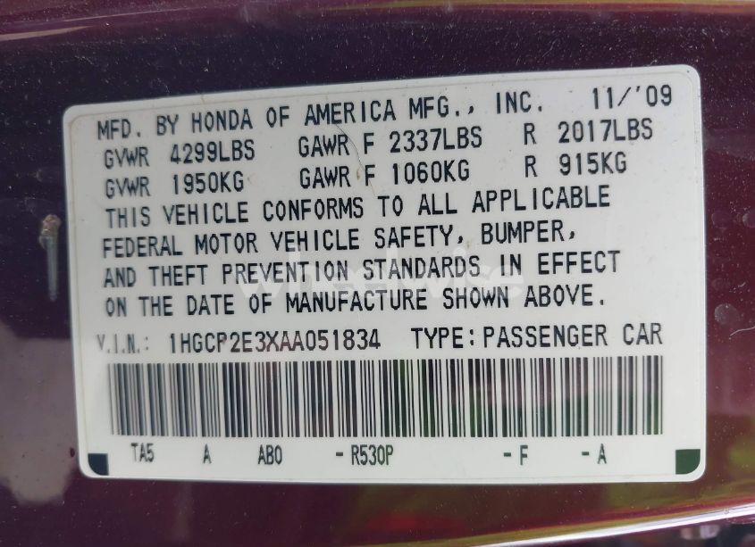 Photo 9 of 2010 Honda Accord 2.4 LX (VIN 1HGCP2E3XAA051834)