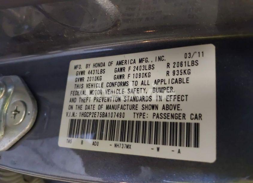 Photo 9 of 2011 Honda Accord 2.4 EX (VIN 1HGCP2E75BA107490)
