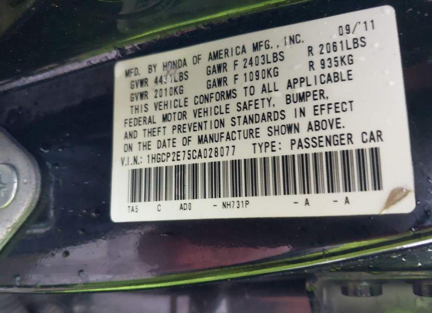 Photo 9 of 2012 Honda Accord SDN EX (VIN 1HGCP2E75CA028077)