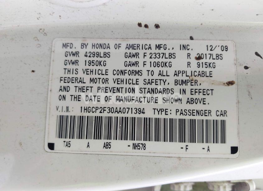 Photo 9 of 2010 Honda Accord 2.4 LX (VIN 1HGCP2F30AA071394)