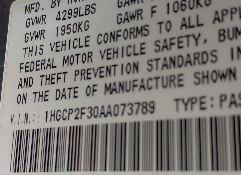 Photo 9 of 2010 Honda Accord 2.4 LX (VIN 1HGCP2F30AA073789)