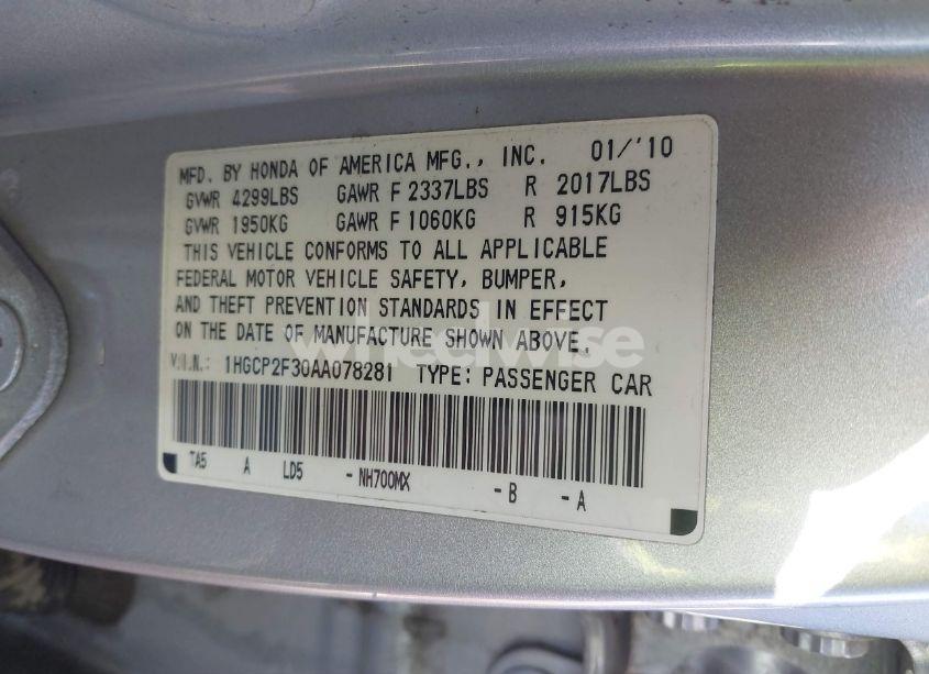 Photo 9 of 2010 Honda Accord 2.4 LX (VIN 1HGCP2F30AA078281)