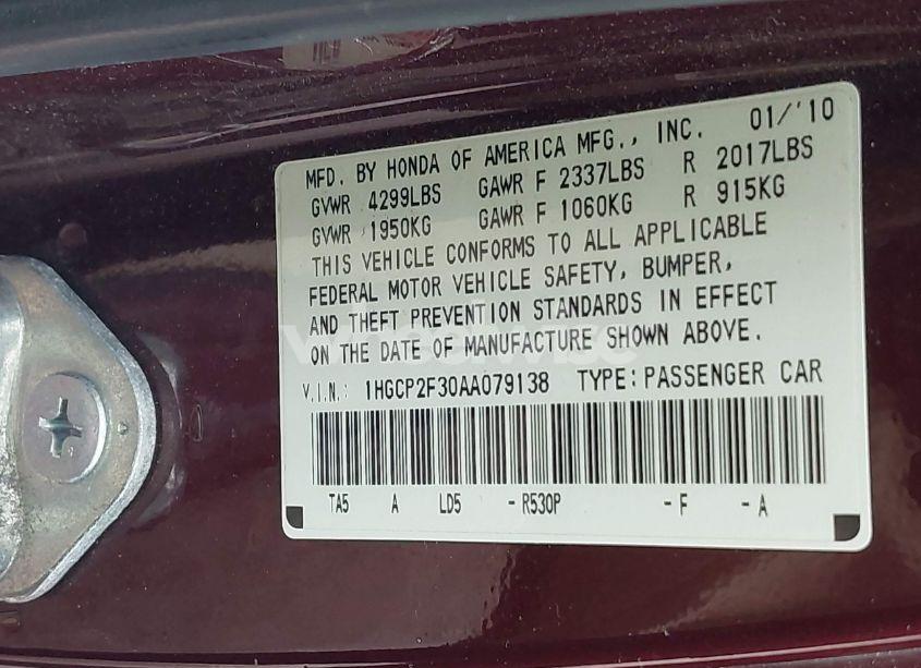 Photo 9 of 2010 Honda Accord 2.4 LX (VIN 1HGCP2F30AA079138)