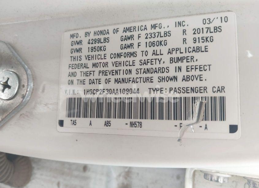 Photo 9 of 2010 Honda Accord 2.4 LX (VIN 1HGCP2F30AA109044)