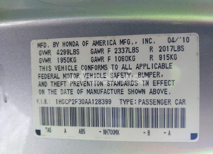 Photo 9 of 2010 Honda Accord 2.4 LX (VIN 1HGCP2F30AA128399)