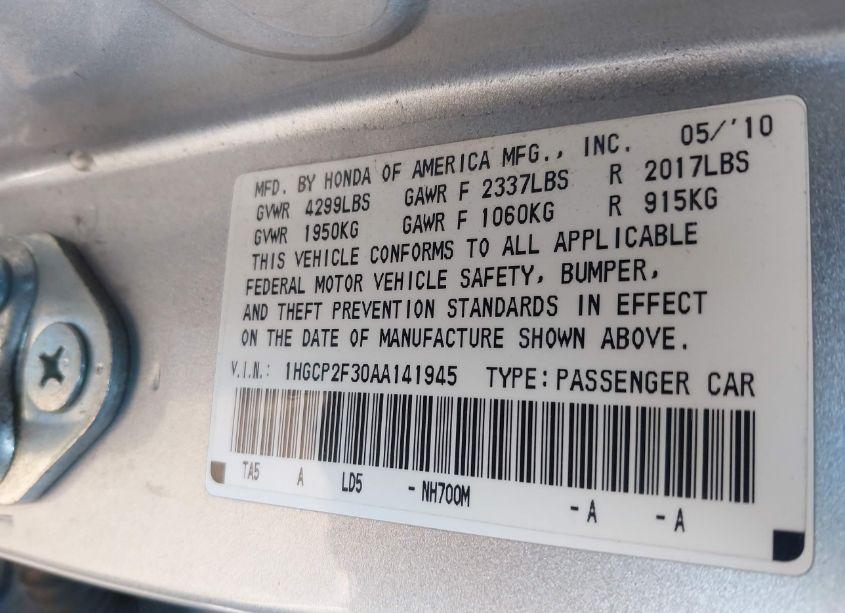 Photo 9 of 2010 Honda Accord 2.4 LX (VIN 1HGCP2F30AA141945)