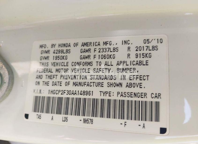 Photo 9 of 2010 Honda Accord 2.4 LX (VIN 1HGCP2F30AA148961)