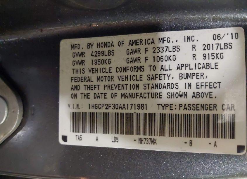 Photo 9 of 2010 Honda Accord 2.4 LX (VIN 1HGCP2F30AA171981)