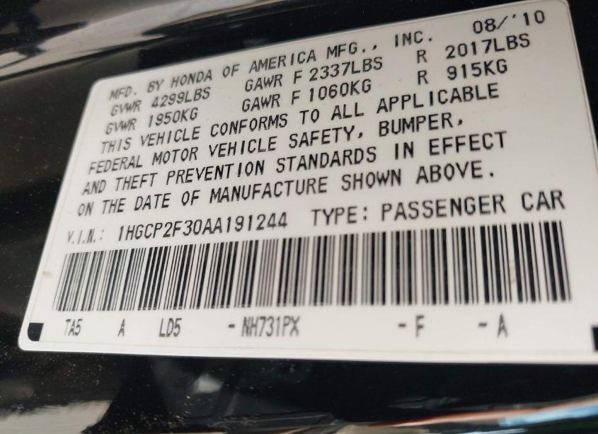 Photo 9 of 2010 Honda Accord 2.4 LX (VIN 1HGCP2F30AA191244)