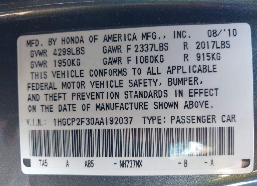 Photo 9 of 2010 Honda Accord 2.4 LX (VIN 1HGCP2F30AA192037)